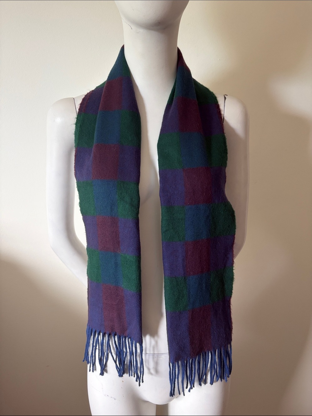 Christian Dior Plaid Fringe Scarf in Green, Blue & Purple Made in France